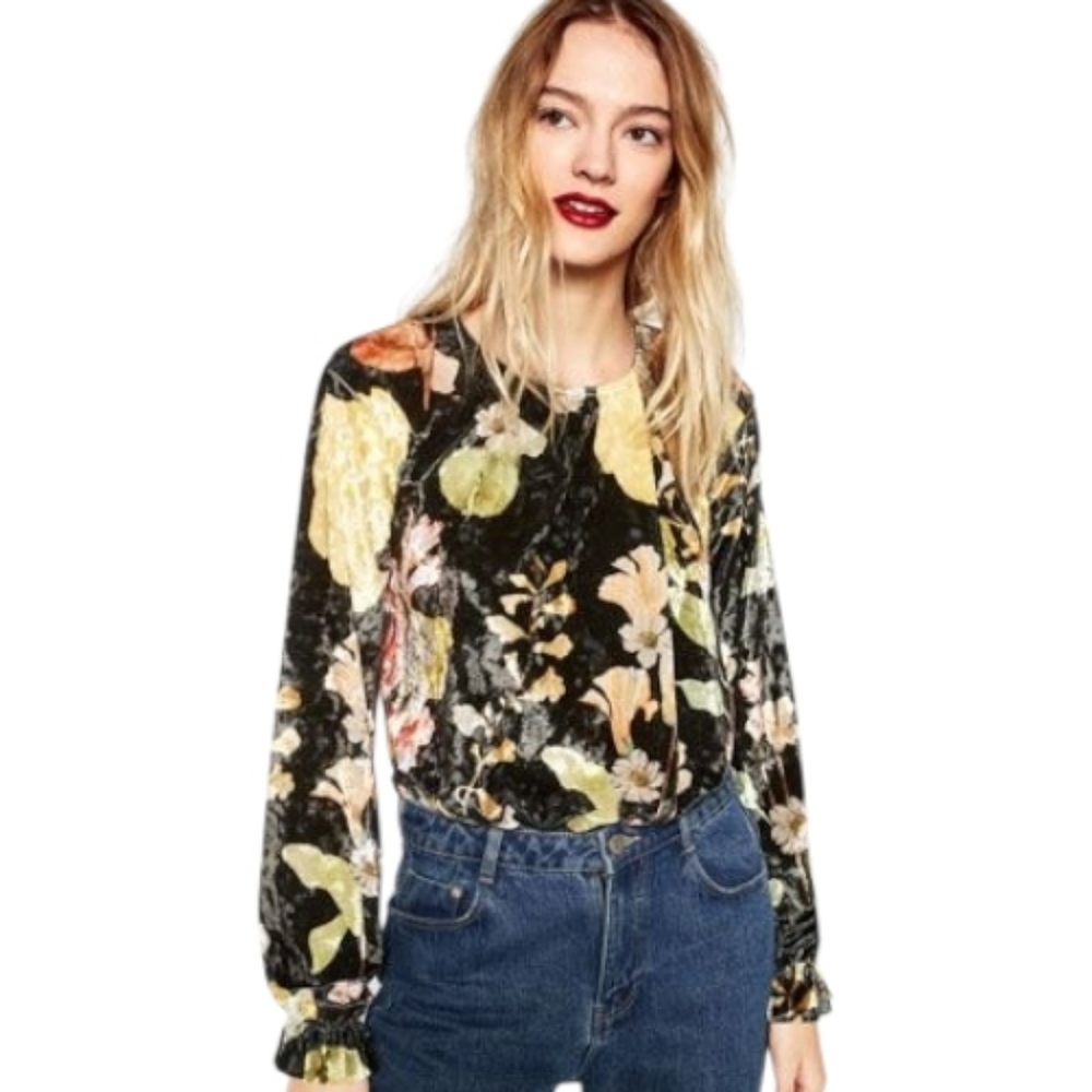 ZARA‎ crushed velvet velour palm green floral long sleeve bodysuit S